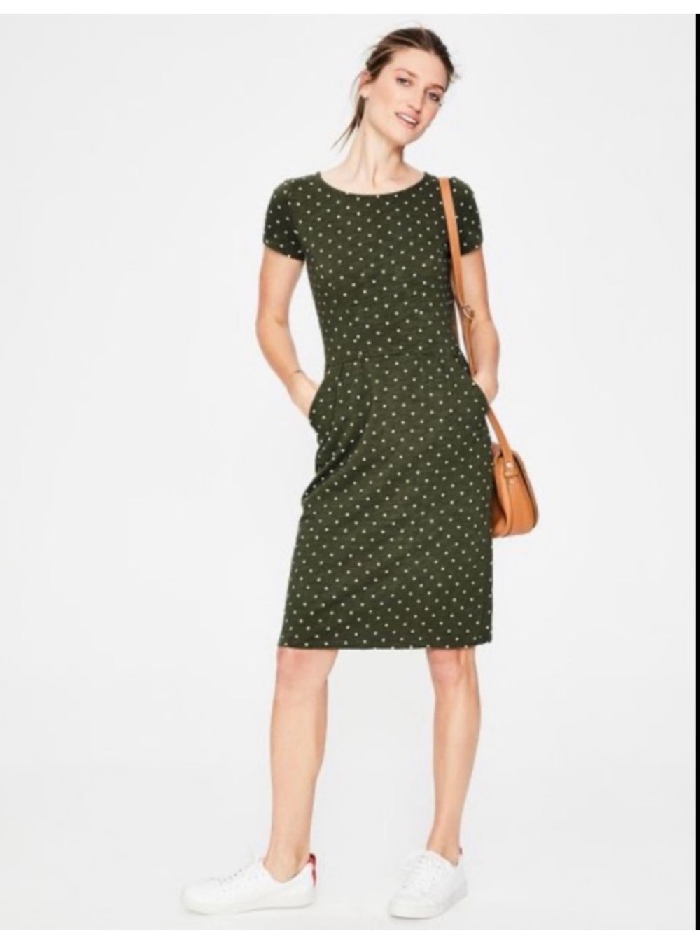 Boden Polka Dot Short Sleeve Knee-Length Dress in Olive Green 12L